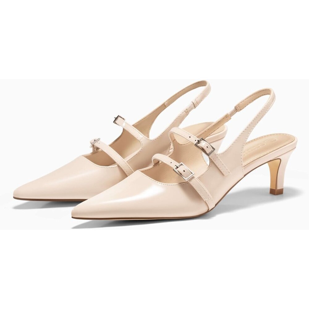 Women's Slingbak Ktiten Pumpe Closed  Pointed Toe Heels Wedding Dress Shoe Beige - Picture 4 of 6